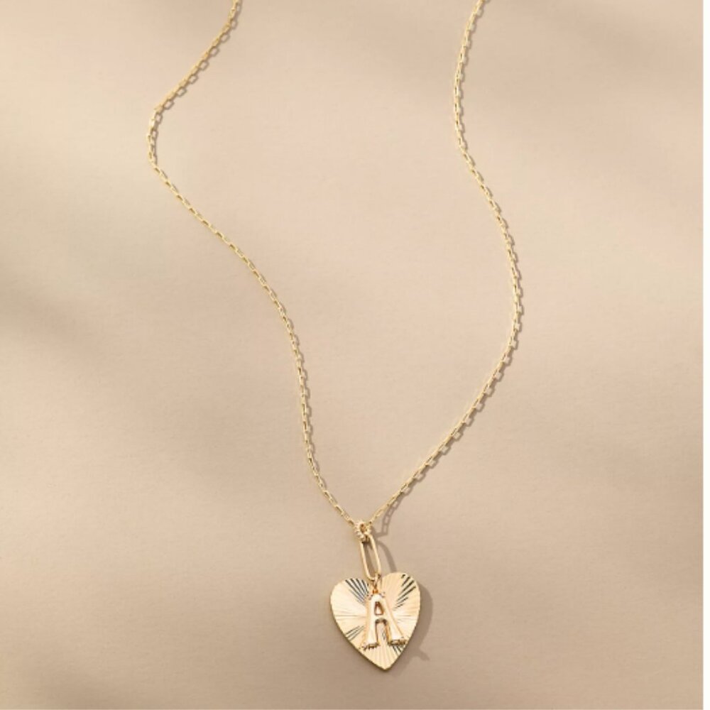 Anthropologie Fluted Heart Pendant Monogram "A" Necklace